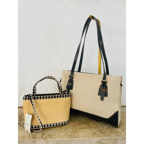 Bundle 2 natural straw/canvas Etienne Aigner summer shoulder bag handbags tote - Picture 2 of 8